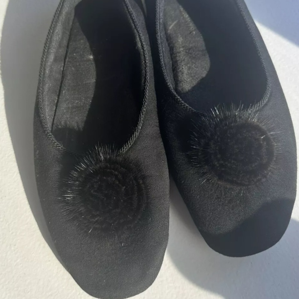 LORO PIANA "Odette" Black Cashmere Suede Mink Pompom Ballerina Slippers Size 41